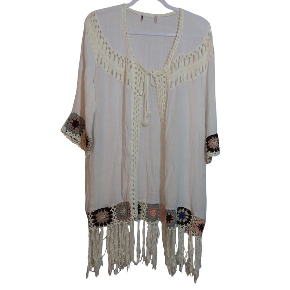 Oliver by Escio Boho Gauzy Cardigan Crochet Granny Square Trim Tie Front Size L